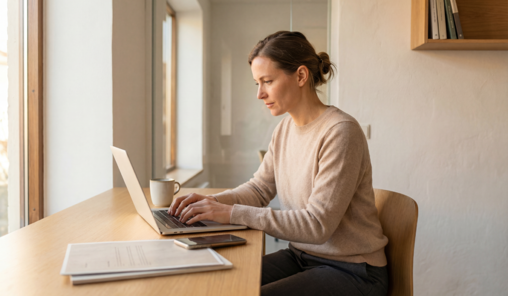 A woman in a beige sweater sits at a desk on a laptop in a well-lit home office space researching a topic. Lab work, her phone, and a mug also sit on the desk.